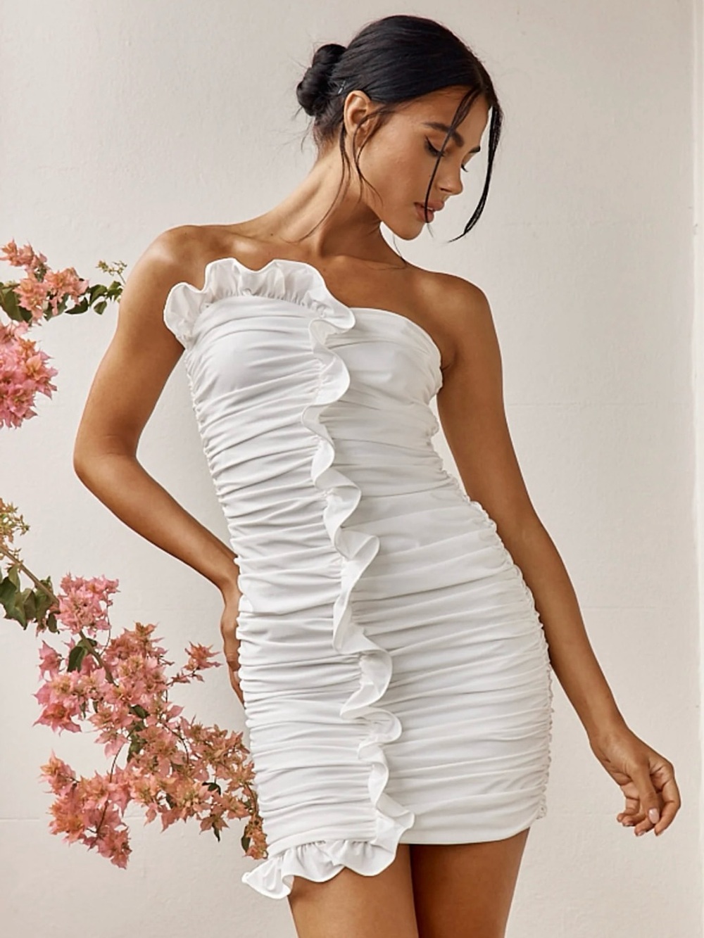 Selfie Leslie White Strapless Ruffle Ruched Mini Dress